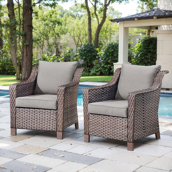 Porch Brown Wicker Outdoor Lounge Chair with Gray Cushions and 4 In. Wide Armrest (2-Pack)