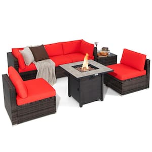 7-Piece Wicker Patio Conversation Set 30 in. Fire Pit Table Cover Rattan Sofa with Red Cushions
