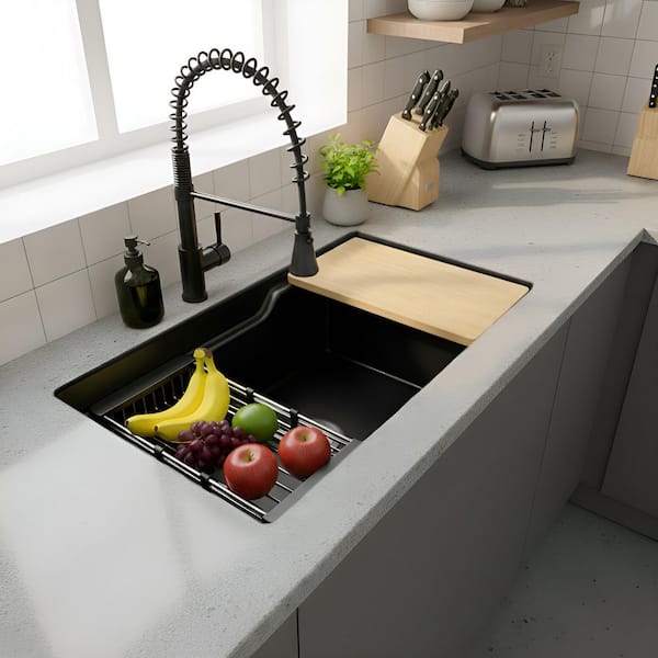 AKDY 32 in. Undermount Single Bowl Black Fireclay Workstation