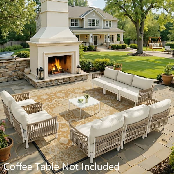 Aluminum Patio Conversation Sectional Seating Set in Beige with Thick Cushions (Set of 8)