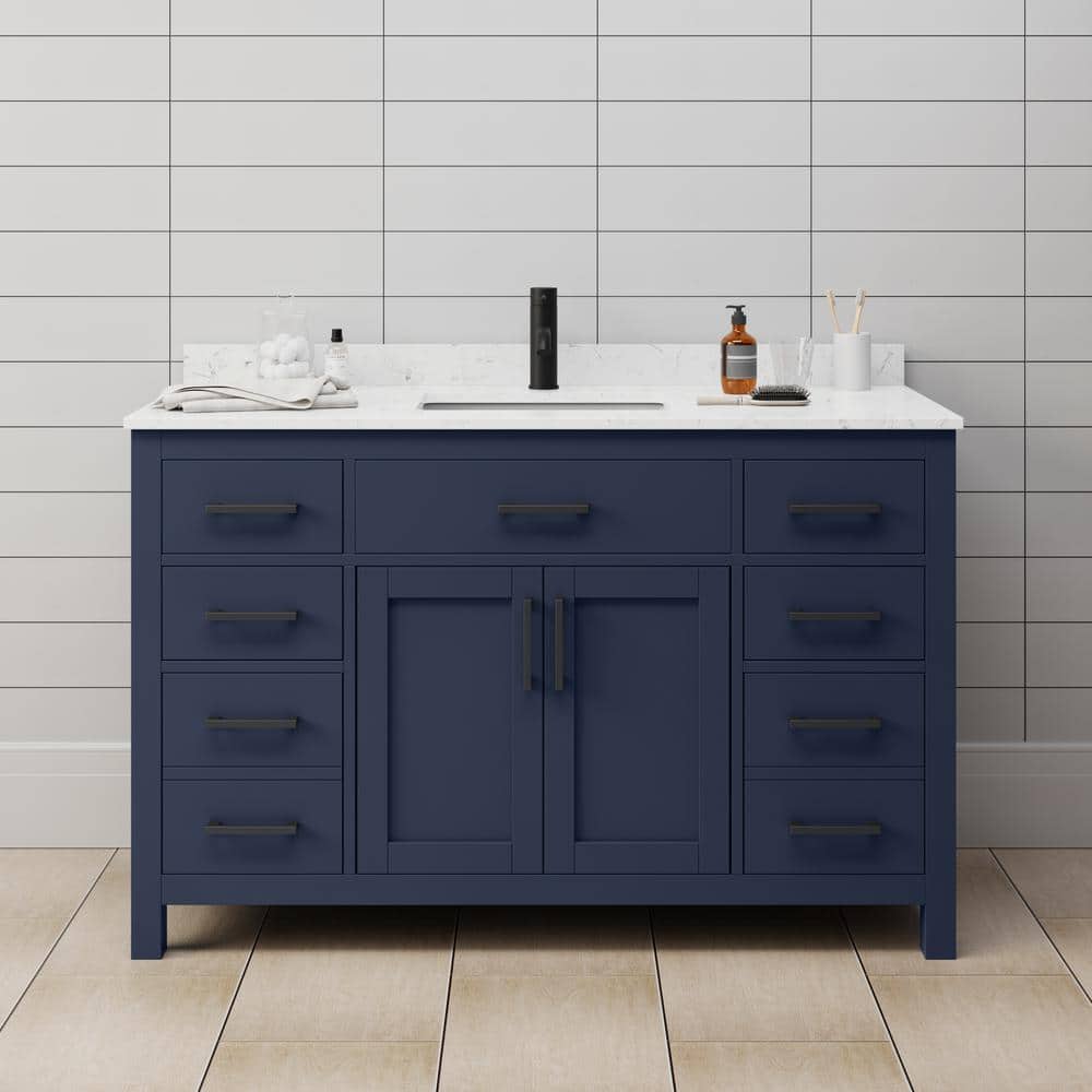 Beckett 54 in. W x 22 in. D x 35 in. H Single Sink Bathroom Vanity in Dark Blue with Carrara Cultured Marble Top price history on PriceWatchPro