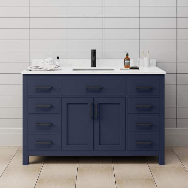 Wyndham Collection Beckett 54 in. W x 22 in. D x 35 in. H Single Sink Bathroom Vanity in Dark Blue with Carrara Cultured Marble Top
