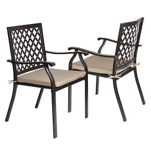 Brown Metal Patio Outdoor Dining Chair Set with Beige Seat Cushion (2-Pack)