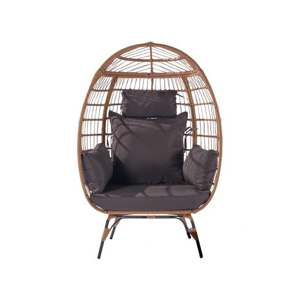 GAWEZA Oversized Metal Frame Indoor Outdoor Egg Lounge Chair with Dark Gray Cushions PE Rattan Patio Chair