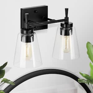 Briarwood 13 in. 2-Lights Matte Black Vanity Light with Clear Glass Cone Shades