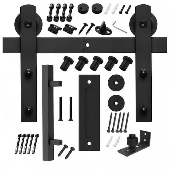 8 ft./96 in. Black Steel Straight Sliding Barn Door Track and Hardware Kit with 12 in. Square Handle and Floor Guide