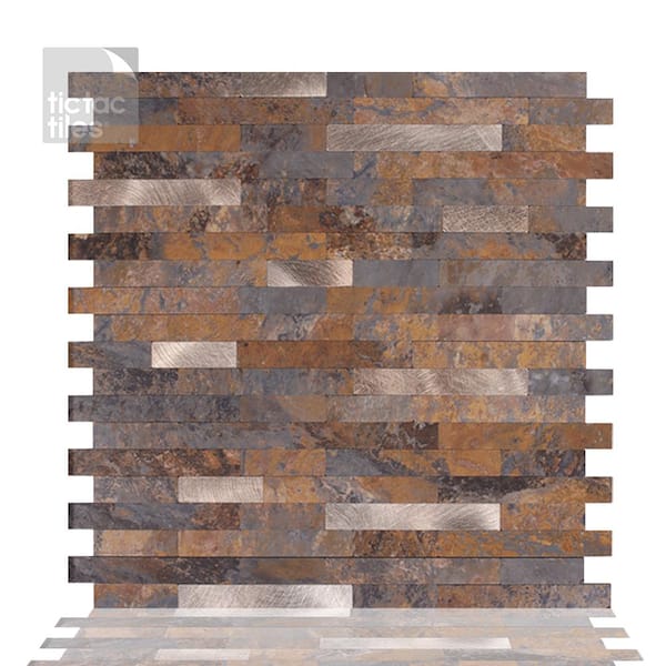 Tic Tac Tiles 6-sheets Rustic Brown 11.5 in. x 11.75 in. Peel & Stick Decorative Metallic Wall Tile Backsplash [6 sq.ft. / pack]