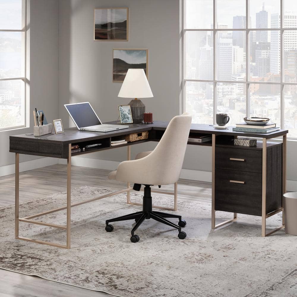 Blade Walnut L-Shaped Wood Corner Desk with Filing Cabinet