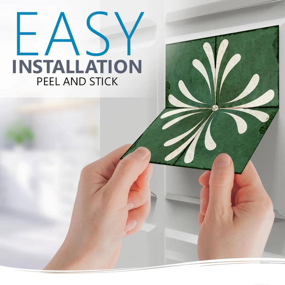 Green and White Vinyl Peel and Stick Backsplash Tiles, 8x8-inch
