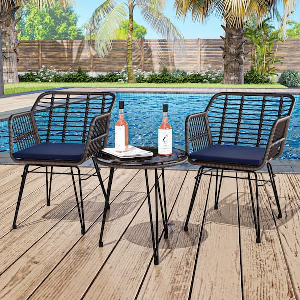Esunny 3-Piece Wicker Outdoor Patio Bistro Sets Conversation Set with Lonuge Chair, Round Table and Blue Cushions