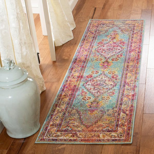 Crystal Light Blue/Orange 2 ft. x 5 ft. Border Medallion Runner Rug