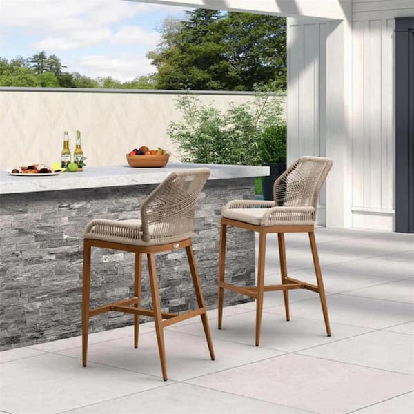 Modern Aluminum Twill Wicker Woven Bar Height Outdoor Bar Stool with Back and Cushion (4-Pack)