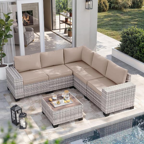 6-Piece Wicker Outdoor Sectional Set Sofa Couch with Beige Cushions