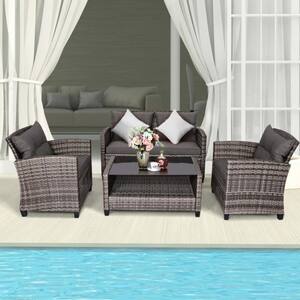 4-Piece Wicker Patio Conversation Set with Gray Cushions