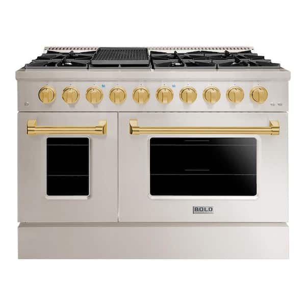 Hallman BOLD 48 in. 8 Burner Freestanding Double Oven Dual Fuel Range LP Gas Stove & Electric Oven Stainless Steel w/Brass Trim