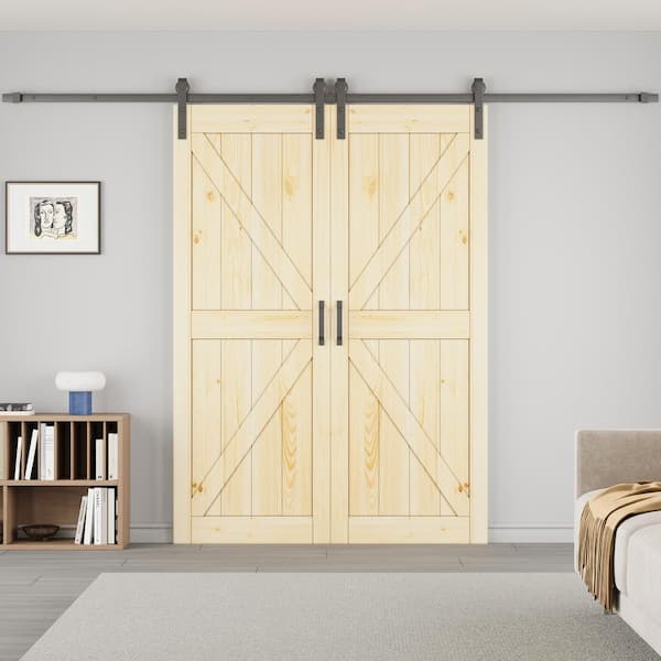 60 in. x 84 in. 2-Panel Pine Solid Wood Unfinished Double Sliding Barn Door Slab with Hardware Kit