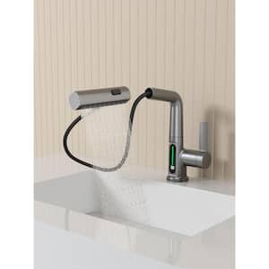 Single Handle Single Hole Bathroom Faucet with Deckplate Included and LED temperature display function in Zinc Gray