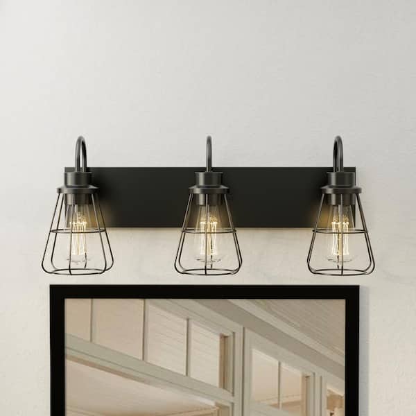 LANSEKI Elbe 21.7 in. Industrial 3-Light Matte Black Dimmable Vanity Light with Metal Shade