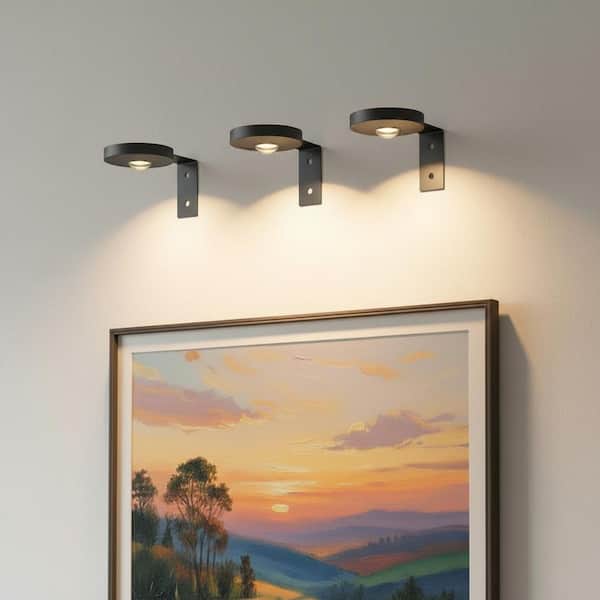 3 Pack Black Round Dimmable LED Picture Lights for Wall with Remote & Timer for Paintings, Portraits, Frames