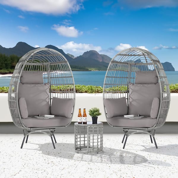 BFB 3-Piece Patio Wicker Swivel Lounge Outdoor Bistro Set with Side Table, Light Gray Cushions