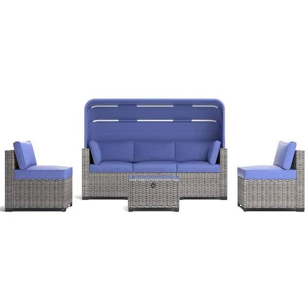 homfan Patio Sectional Brown Wicker 6-Piece, Outdoor Sectional Set, with Cushion in Blue, Coffee Table