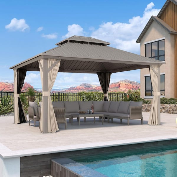 12 ft. x 14 ft. Champagne Aluminum Hardtop Gazebo Canopy with Galvanized Steel Double Roof, Curtains and Netting