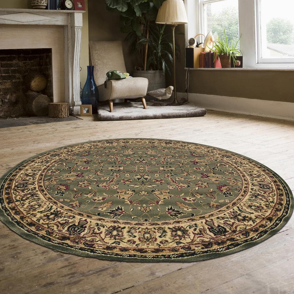Green Floral 5' Round Synthetic Easy Care Rug