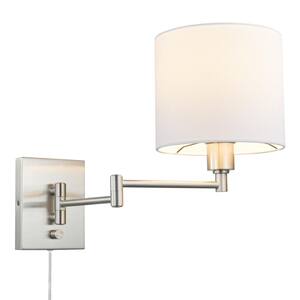 Anderson 1-Light Brushed Steel Plug-In Swing Arm Wall Lamp with White Fabric Shade, LED Bulb Included