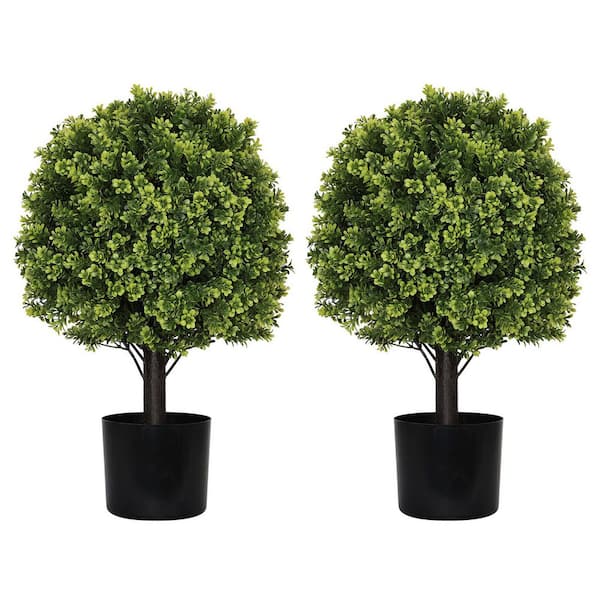 Set of 2 Plastic Artificial Boxwood Topiary Ball Trees with Pots, Realistic Greenery for Front Porch, Patio, Garden