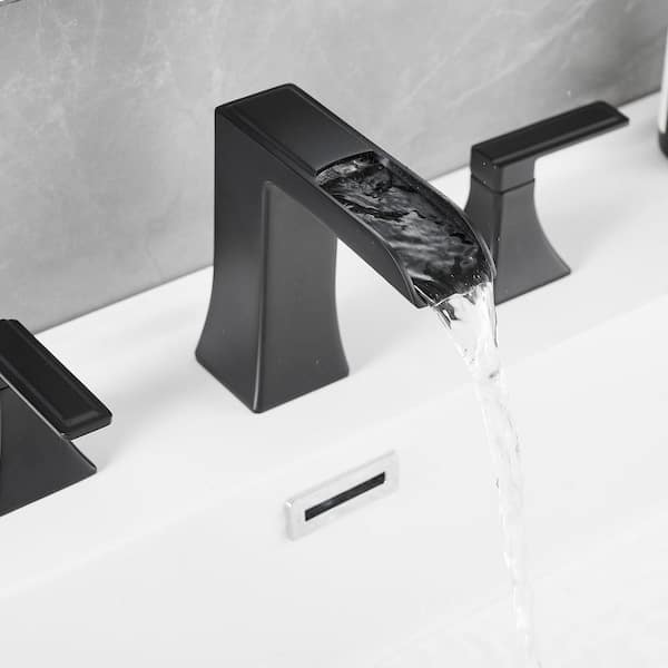 8 in. Widespread Double Handle Waterfall Bathroom Sink Faucet with Pop-up Drain in Matte Black