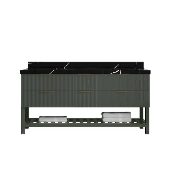 Willow Collections Catalina 72 in. Double Sink Freestanding Pewter Green Bath Vanity with Calacatta Black Qt. Top Unassembled