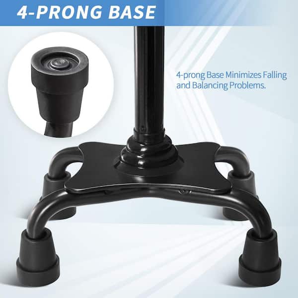 Wudkey Black Adjustable Walking Cane with 4-Pronged Base, Foldable