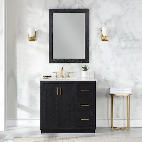 Altair Gazsi 36 in. W x 22 in.D x 34 in. H Single Sink Bath Vanity in Black Oak with White Composite Stone Top and Mirror