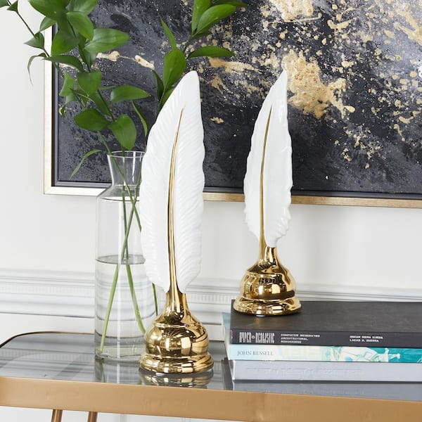 Gold Ceramic Feathers Bird Sculpture (Set of 2)