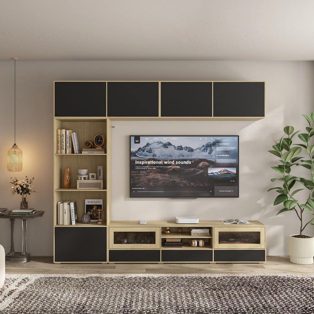 FUFU&GAGA Oak and Black TV Stand Entertainment Center Fits TVs up