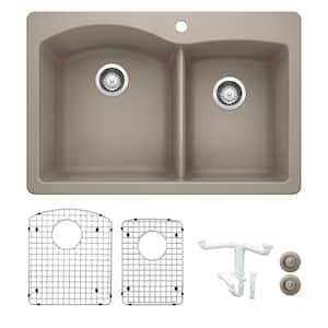 Diamond 33 in. Drop-in/Undermount Double Bowl Truffle Granite Composite Kitchen Sink Kit with Accessories