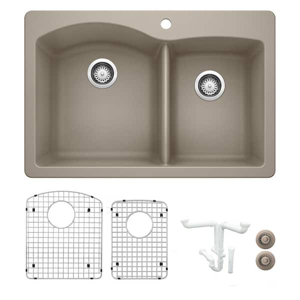Blanco Diamond 33 in. Drop-in/Undermount Double Bowl Truffle Granite Composite Kitchen Sink Kit with Accessories