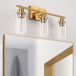 24 in. 3-Light Industrial Gold Vanity Light Fixtures for Bathroom with Clear Glass Shades and No Bulbs Included