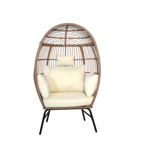 Outdoor Garden Wicker Patio Swing Basket Chair Patio Egg Chair Chaise with Cushions in Beige