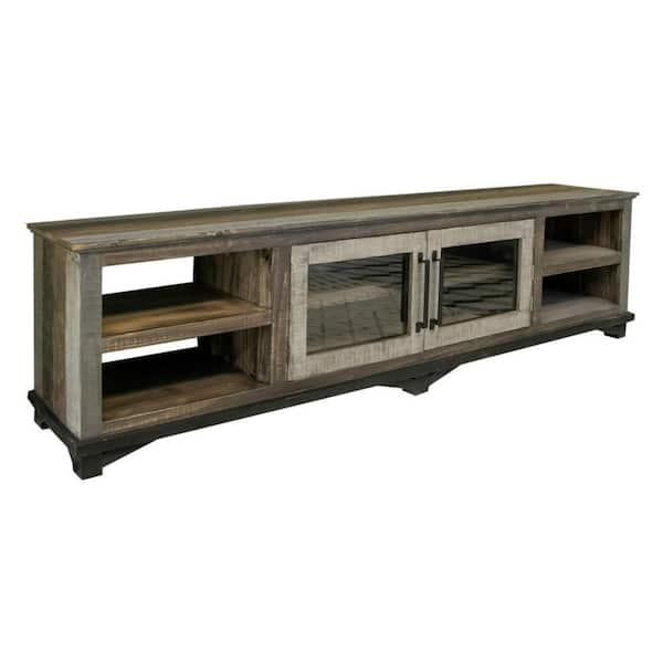 Benjara 92.5 in. Brown Wood TV Stand Fits TVs up to 88 in. with Glass Doors