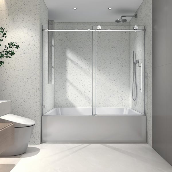 60 in. W x 63 in. H Sliding Frameless Shower Door in Brushed Nickel with Handle