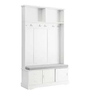 Elegant Hall Tree with Sliding Doors, 6-Silvery Hooks and Handles, Shoe Storage and 44.4 in. W Cushion, White