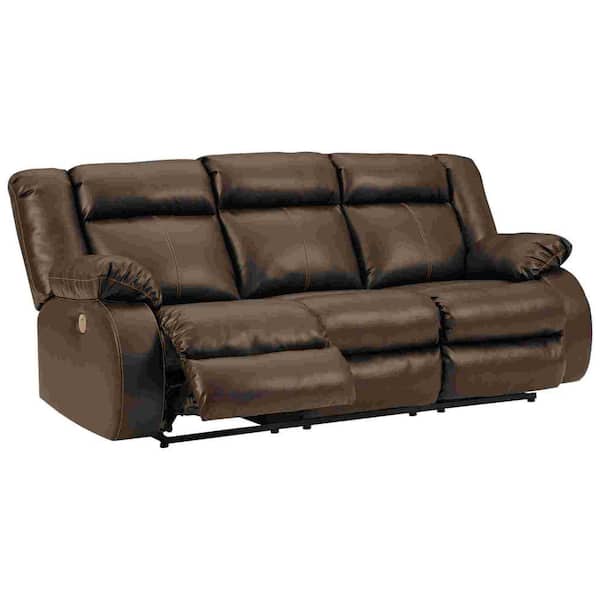 Benjara Brown Faux Leather Power Recliner Sofa with Zero Draw USB Port