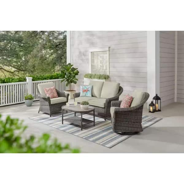 Chasewood Brown 4-Piece Wicker Patio Conversation Set with CushionGuard Biscuit Putty Cushions