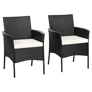 Black Wicker Outdoor Patio Dining Chair with White Cushions (Set of 2)