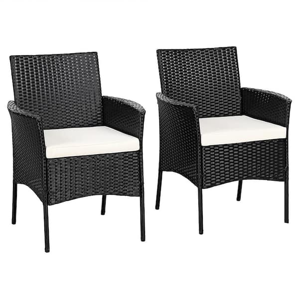 Alpulon Black Wicker Outdoor Patio Dining Chair with White Cushions (Set of 2)