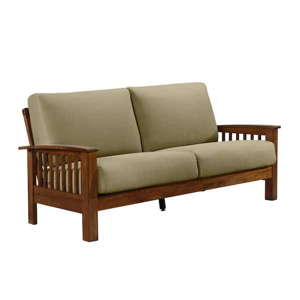 Handy Living Harthan Barley Tan Linen Mission Style Sofa with Exposed Cherry Wood Frame