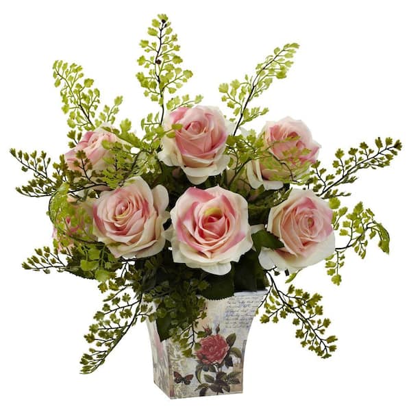 Nearly Natural Artificial Rose and Maiden Hair with Floral Planter