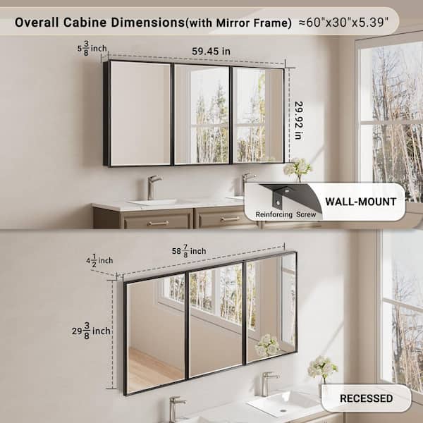 Musey 60 in. W x 30 in. H Black Rectangular Aluminum Recessed/Surface Framed Medicine Cabinet with Mirror Beveled Edge