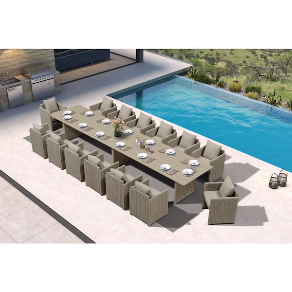 15-Piece Aluminum Outdoor Dining Set All-Weather Modern Rectangular Dining Table and Chairs with Olefin Cushions, Beige